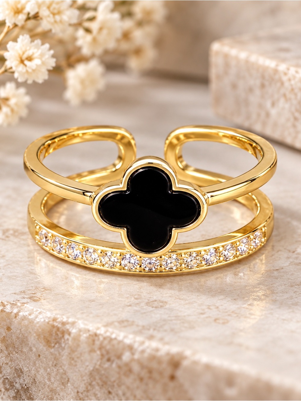 Black Clover Adjustable Gold Tone Open Band Ring with Pavé CZ Accent